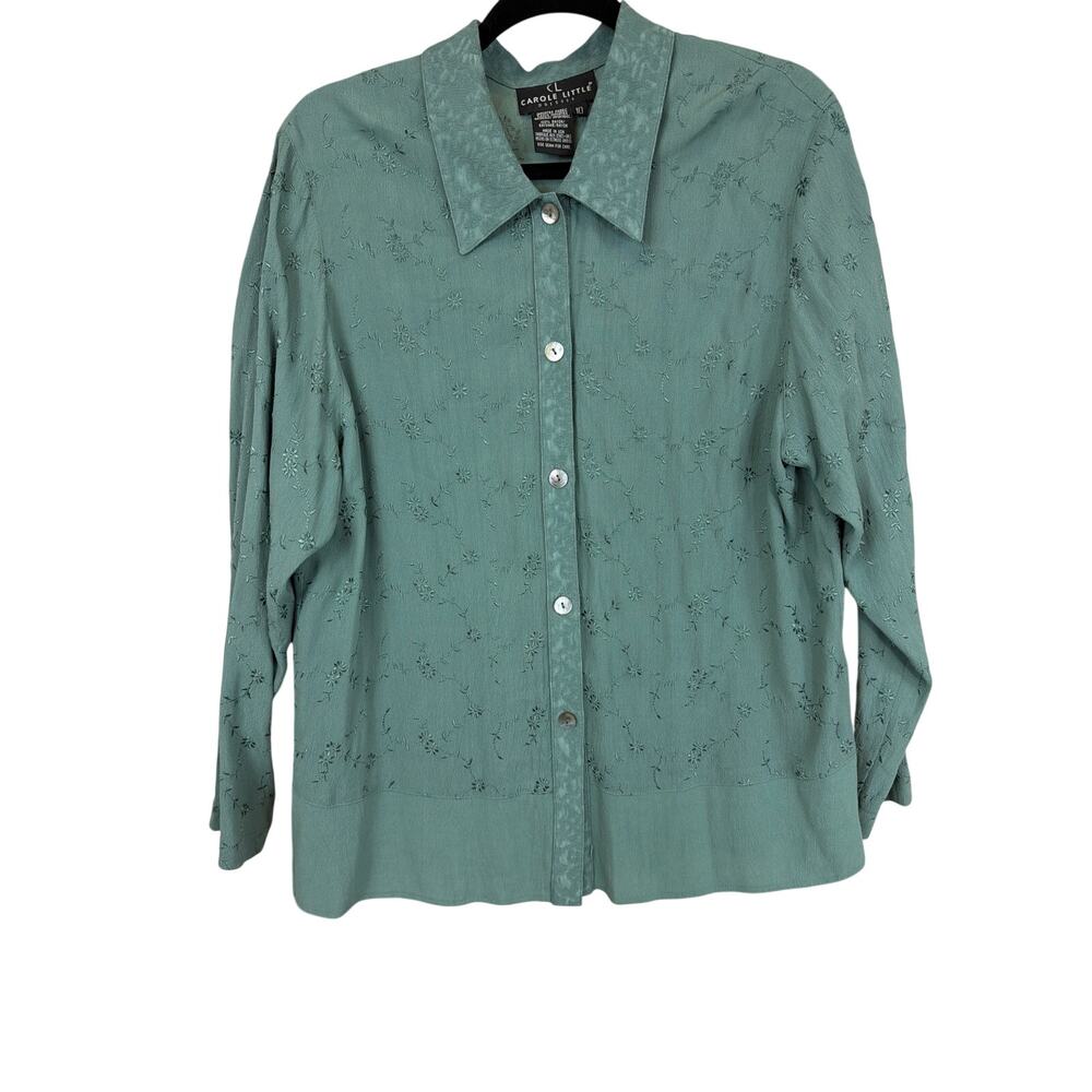 Vintage Made USA Carole Little Green Embroidered Floral Tunic Top Size 10